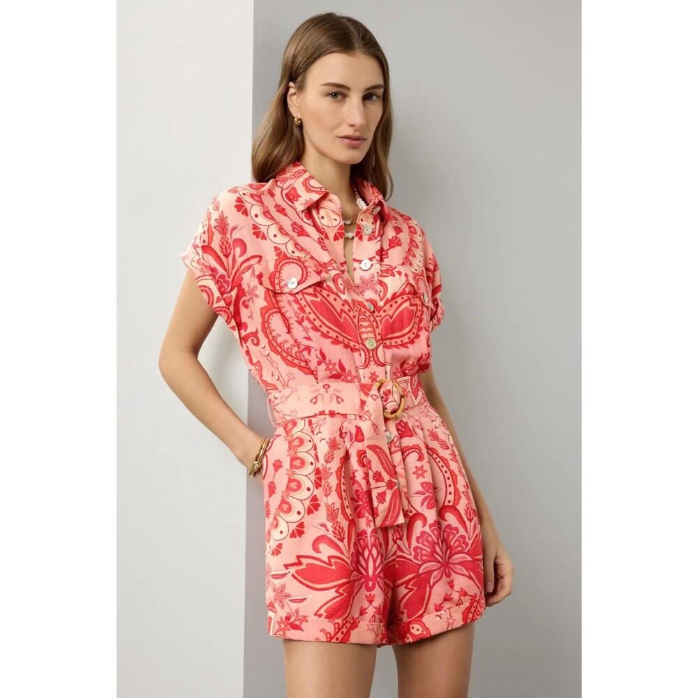 Farm Rio Jaipur Red/ Orange Print 100% Linen Romper - Missing Some Buttons